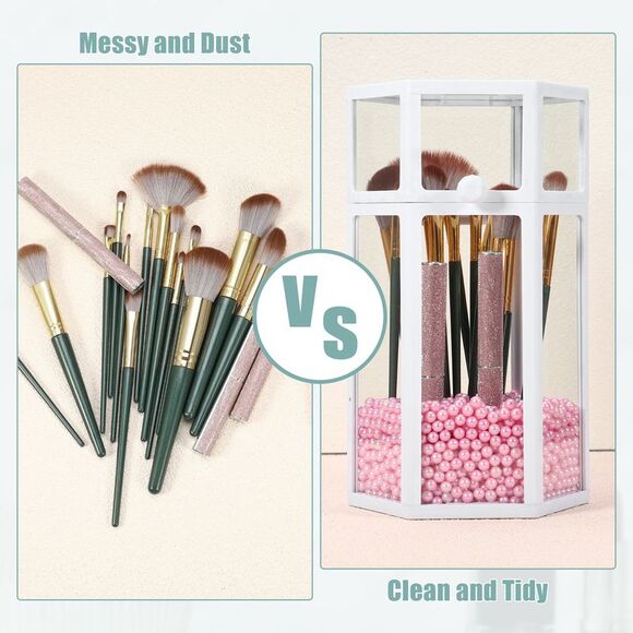 Clear Dustproof Hexagon Makeup Brush Storage Box with Pink Faux Pearl White - Picture 2 of 6
